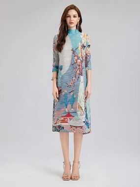Rich Radi Q's Artistic Print Pleated High Neck Dress